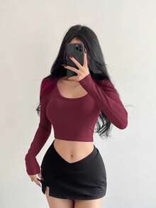 Women's Long Sleeve T-Shirt Ribbed Fabric S M L - Burgundy - View 1