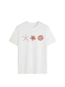 Summer Apricot Short-Sleeve Top Decorated With Shell And Starfish Patterns. Relaxed Style, Easy To Match. Casual White - White - View 4