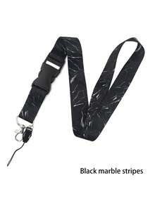 A Black Marble Lanyard, Made Of High-Quality Soft Fabric, With A Neck Strap And A Key Lanyard Strap. It Comes With A Quick Release Detachable Buckle, A Black Silky Marble Keychain, An ID Card Holder, And A Phone Bag Accessory - Multicolor - View 14