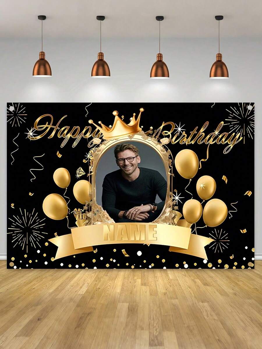 1张黑金主题乙烯基印刷海报，可定制照片和姓名，个性化生日派对装饰、家居装饰、DIY图案派对墙面装饰，适用于门廊、室内/室外庆祝活动，适用于婚礼、生日、周年纪念、毕业典礼 - 多功能派对背景，提供3种尺寸，多功能、装饰性强、可印字、时尚