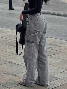 Y2K宽松灰色工装牛仔裤，度假风女装休闲水洗阔腿牛仔裤，性感街头风牛仔裤，2026春夏款 - 灰色 - 查看 4