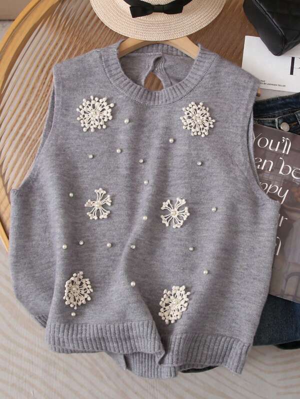 JIANHU Colete de malha de pérolas bordadas sem mangas primavera verão, design simples e elegante, agasalho versátil de ajuste solto