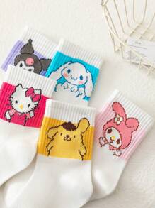 5 Pares de Meias Curtas para Meninas Sanrio, Meias Decorativas com Estampa Fofa de Coelho, Meias Casuais de Esporte na Moda e Versáteis, Meias Respiráveis Macias e Agradáveis à Pele até o Tornozelo, Adequadas para Uso Diário, Festas, Viagens, Festas, Volta às Aulas