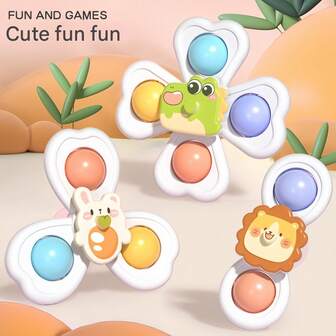 Interactive Spinning Suction Toy For Babies 0-12M | Sensory Learning & Motor Skill Development | Colorful Travel/Highchair Calming Toy | Infant Teether & Easy-Grip Training Tool 3pcs/Set Children's Cartoon Animal Petals Shape Suction Cup Gyro Toy