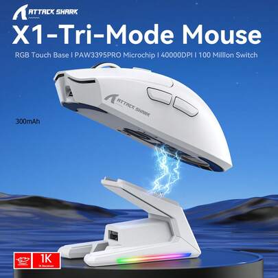1 kabellose Gaming-Maus mit RGB-Ladestation, PAW3950 PRO-Sensor bis zu 40.000 DPI, 53g ultraleichter Tri-Mode Computer Maus, 1 kHz Abtastrate, 5 programmierbare Tasten für Windows