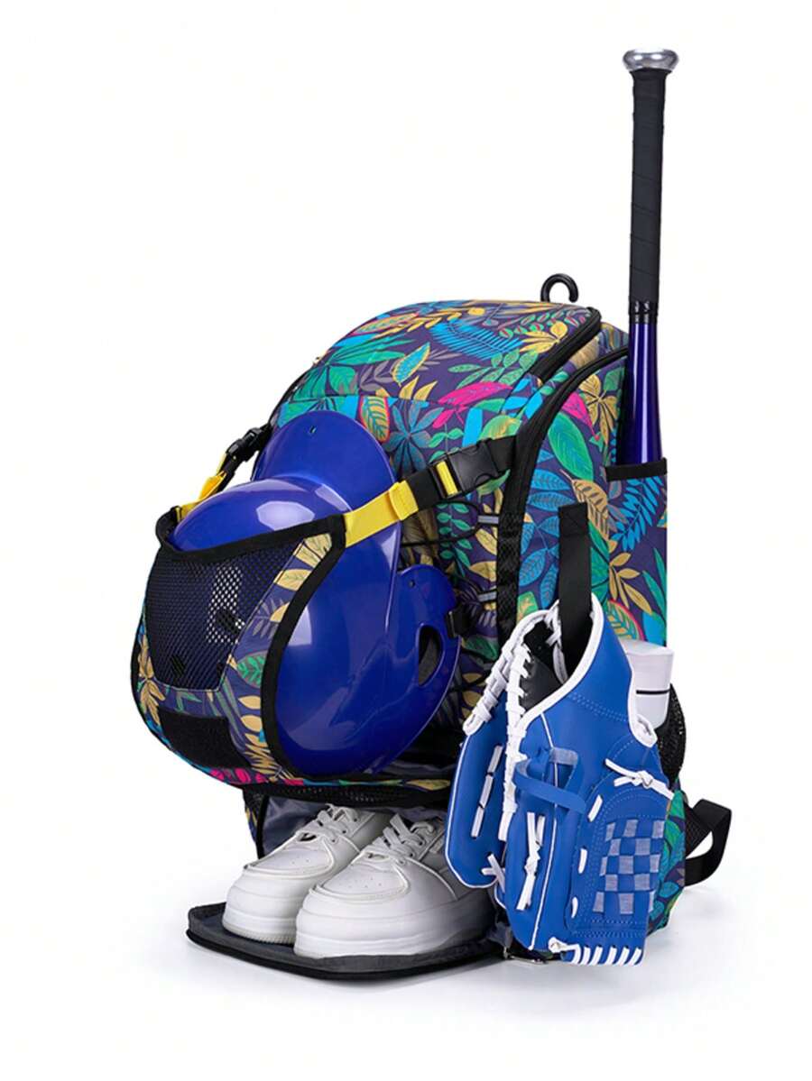 [Outdoor Sports] Large Capacity Waterproof Baseball Backpack With Softball Bat Holder, Shoe Compartment & Helmet Pocket Sports Bag Summer Travel Accessories Vacation - Multicolor - View 1