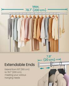 SONGMICS Clothes Rack With Wheels, Heavy-Duty Garment Rack With Extendable Hanging Rod, 243 Lb Load Capacity, 17.7 X (63-78.7) X 64.1 Inches, Chrome-Plated Coat Rack Back To School Travel Essentials Room Decor, Home Decor, Bedroom Decor Storage Organization And Storage - Silver - View 3