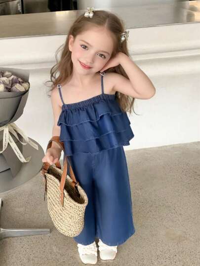 Young Girl Summer Casual Ruffle Strap Tank Top And Denim Pants Set