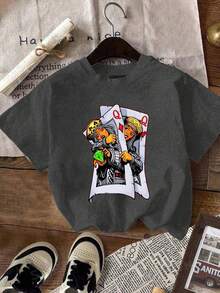 Women's Tops T-Shirts, Cartoon Character Poker Card Pattern Tops, Summer Tops, Spring Clothes, Fun Poker Card Pattern Tops - Grey - View 1