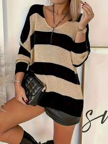 Jersey con cuello en V con estampado de letra, de talla grande, de manga larga y puños enrollados, ropa de mujer de estilo casual - Albaricoque - Ver 5