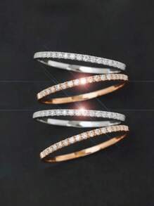 925 Sterling Silver Minimalist INS Style Platinum & Champagne Gold Color Rings For Women, Fashionable Niche Single Row Half Circle Micro Pave Diamond Joint Ring, Assorted Box Style