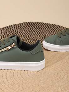 1 Pair Students' PU Leather Lace-Up Side Zipper Classic Thick Sole Anti-Slip Comfortable Soft Bottom Casual Sports Sneakers, Suitable For All Seasons