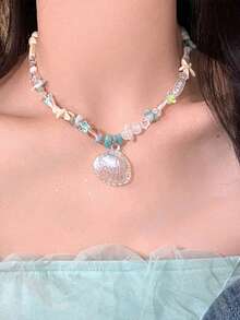 1pc Bohemian Shell Starfish Beaded Collarbone Chain Necklace For Women - Shell Beaded Clavicle Necklace - View 3