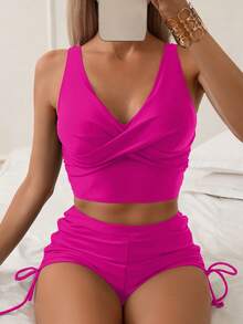 Conjunto De Tankini De Espalda Cruzada Descubierta De Unicolor, Para Playa En Verano,Bikini,Traje De Baño 2 Piezas,Trajes De Baño Mujer Dos Piezas,Trajes De Baño Mujer - Púrpura - Ver 5