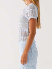 Women Y2k 2 Piece Maxi Skirt Set Lace Short Sleeve Top And Tiered Flowy Ruffle Long Skirt Beach Sheer Outfits - 藍色 - 查看 4