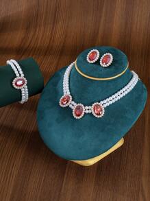 4pcs/Set Elegant Minimalist Jewelry Set For Women: 1pc Pearl Necklace, 1 Pair Crystal Earrings, 1pc Beaded Bracelet, Suitable For Daily Wear