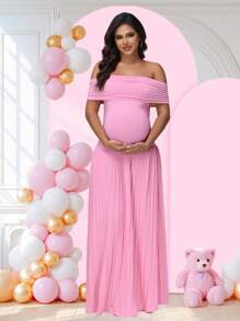 JustVH 孕妇露肩派对连衣裙褶边女式婴儿洗礼长裙