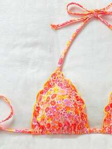 Elegant Casual Bikini Top: Floral Print Halter Neck With Adjustable Tie & Ruffled Trim For Summer Vacations - Multicolor - View 3