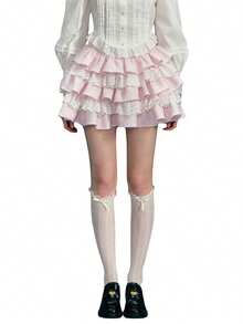 Women Plaid Mini Skirts High Waist Lace Patchwork A-Line Skirts Layered Ruffle Skirts - 粉色 - 查看 7