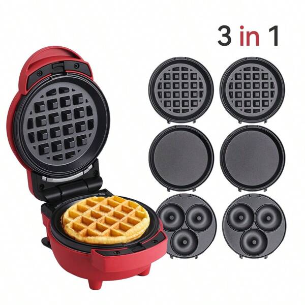 HONGMEI 1 Stück Waffelautomat mit 3 abnehmbaren Platten Donut Maker, Pizzamaker, Pfannkuchenmaker, mit Wandstecker 400 Watt, 4-Zoll Mini-Waffelautomat für individuelle Waffeln, Kartoffelrösti, Keto-Waffeln, mit leicht zu reinigenden, antihaftbeschichteten Oberflächen, Multifunktions-Familienlebensmittel-Überraschungsgeschenk