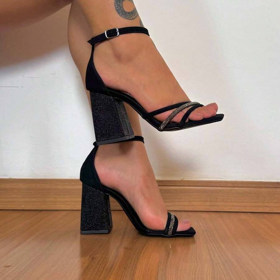 Women's Sandals Block Heel Rhinestone Shiny Straps Billiards Party Wedding - Black - View 1