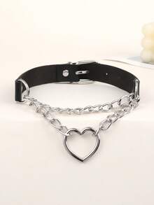 1pc Women's Double Chain Heart Pendant, Pin Buckle Double Ring Choker, Round Ring + Chain Spike, Chain Heart Pendant, Chain Cross Pendant, Large Round Ring Pendant, Double Chain Round Ring Pendant, Pin Buckle Double Ring Choker, Boho Fashion Punk Adjustable Collar Choker