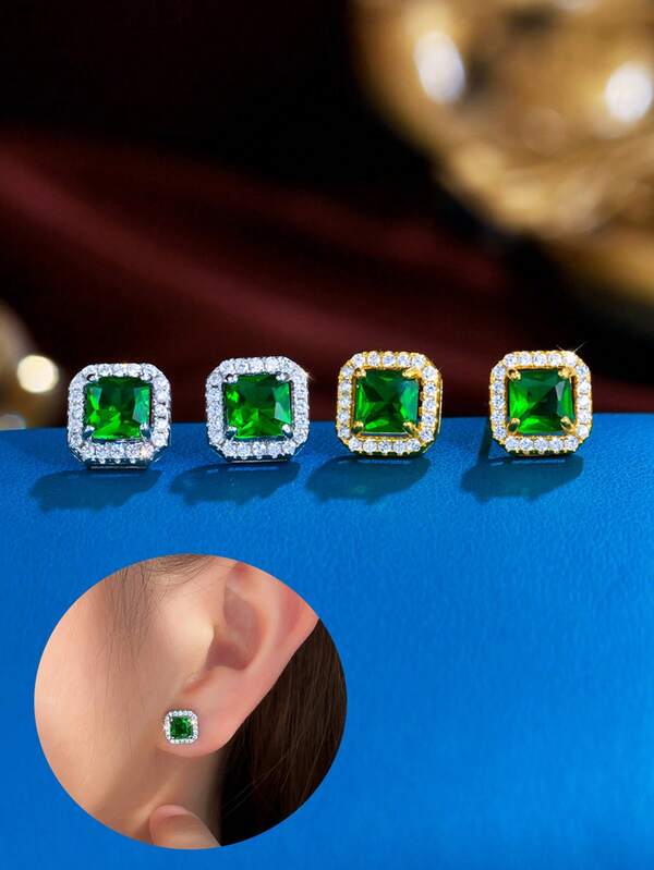 1 coppia di orecchini a perno in argento sterling 925 con zirconi cubici a taglio quadrato verde smeraldo, adatti per donne, fidanzamenti, uso quotidiano, feste, decorazioni e regali di gioielleria
