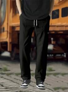 2pcs Men Casual Black & Gray Pants, Slim Fit Design, Urban Streetwear Style Trousers Set