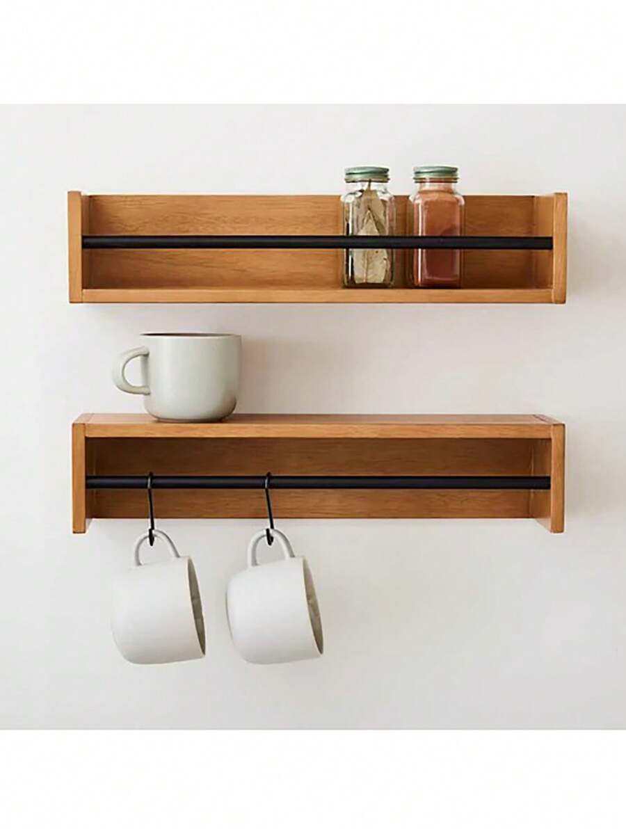 Bamboo Reversible Wall Shelves,Wall Shelf For Spice Jar With Cup Hanger - Multicolor - View 1