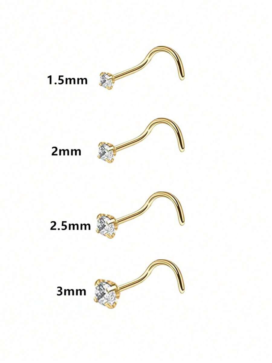 4pcs Zirconia Stainless Steel Nose Studs, 5-Pointed Star & Heart Shaped, Crystal Rhinestone, Hoop & Straight Nose Rings - Gold (4 Pieces) - View 1