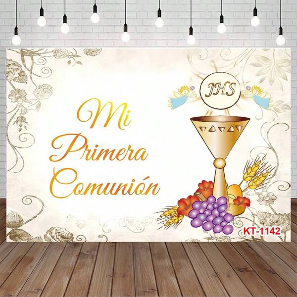 My First Backdrop Birthday Party Decor Baptism Gold Cross God Bless Photography Background