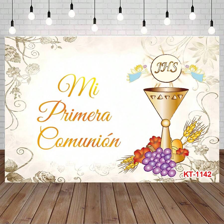 My First Backdrop Birthday Party Decor Baptism Gold Cross God Bless Photography Background
