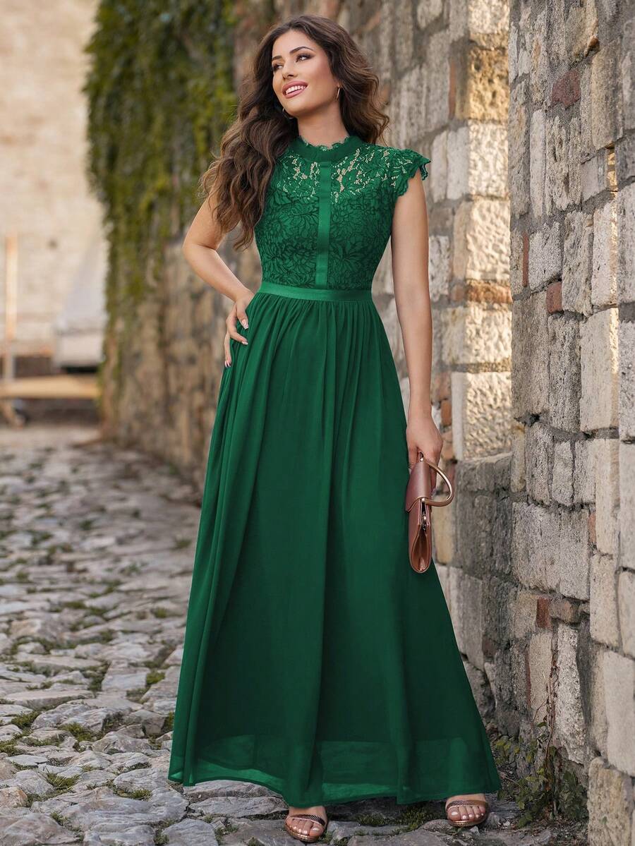 MIUSOL Mock Neck Floral Lace Scallop Trim Chiffon Formal Party Maxi Dress, Elegant Party Dress For Women, Formal Evening Gown, Prom Dress, For Wedding Guest, Graduation, Dinner