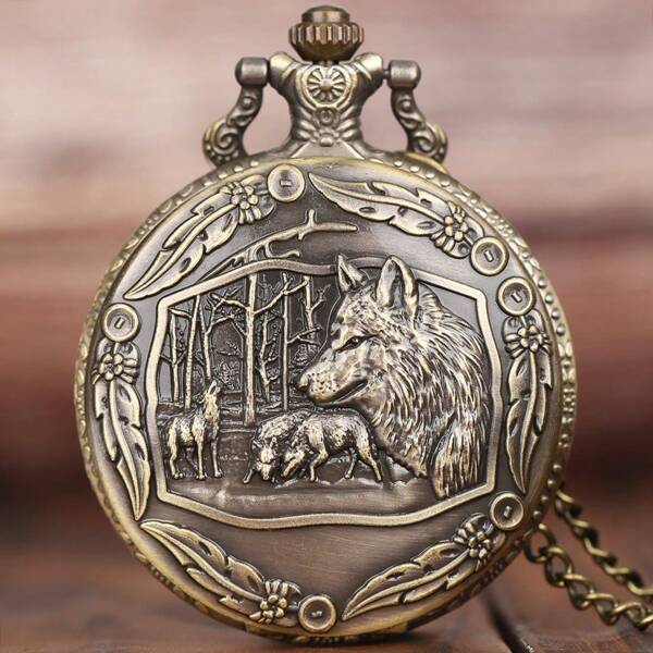 1 Pc Vintage Bronze Wolf Pendant Pocket Watch, Unique Fashion Animal Pocket Watch For Men & Women