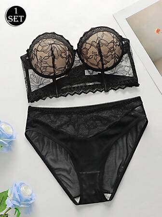 مجموعة ملابس داخلية من الدانتيل للنساء مع إطار سلكي, مرن ومريح, بسيط بأسلوب أوروبي أمريكي, حمالة صدر وسروال دانتيل بتصميم أزهار متباينة جذاب