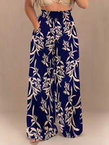 Women's Tropical Plant Printed Wide Leg Pants, Boho Style - Blue - View 3