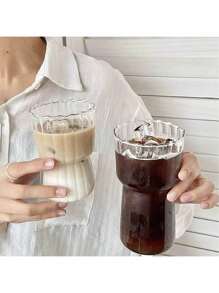 1PC Striped Minimalist Glass Cup, Transparent Iced Americano Coffee Cup, High-Quality Creative Breakfast Milk Cup - Milk Tea Cup, Cocktail Cup, Juice Beverage Cup, Fruit Tea And Flower Tea Cup, Ice Cream Cup, Soda Water Cup, Coffee Cup, School Supplies, Kitchen Tools, Suitable For Office, Restaurant Use