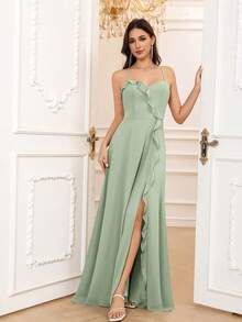 Volly Toych Celadon A-Line V-Neck Floor-Length Chiffon Formal Bridesmaid Dress With Ruffle - Mint Green - View 4