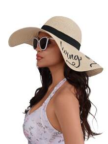 2pcs/Set Women's Khaki Wave Straw Sun Hat & Crossbody Straw Tote Bag, Suitable For Daily, Beach, Travel Women Solid Boho Straw Hat For Vacation Fashionable Women's Spring/Summer Beach Hat With Wide Brim, Sun Protection, And Personalized Woven Straw Hat For Travel And Vacation Bow - Hats and Bags - View 7