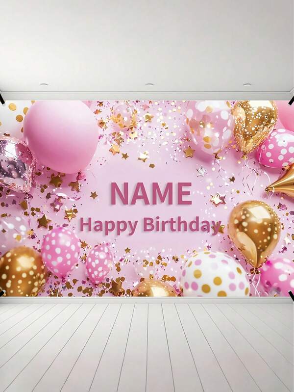 1pc Custom Pink Balloon Glitter Birthday Party Backdrop With Polka Dot Balloons - Personalized Happy Birthday Banner In Three Sizes For Anniversaries And Celebrations, Ideal For Photo Booth Decorations!,Multi-Functional,Ornamental,Letter,Stylish,Modern,Colorful,Cute,Adorable,Casual,Custom,Personalised,Unique,Customized,Ideal Gifts For Him,Ideal Gifts For Her,Son,Daughter