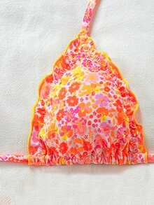 Elegant Casual Bikini Top: Floral Print Halter Neck With Adjustable Tie & Ruffled Trim For Summer Vacations - Multicolor - View 4