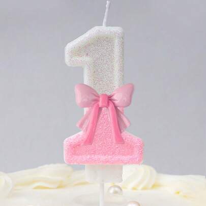 1pc Birthday Number Candle Coloured Pink Bow Birthday Candle Cake Glitter Number 1 Candle Cake Decoration With Sequins, Suitable For Girls And Ladies Anniversary Celebration Items
