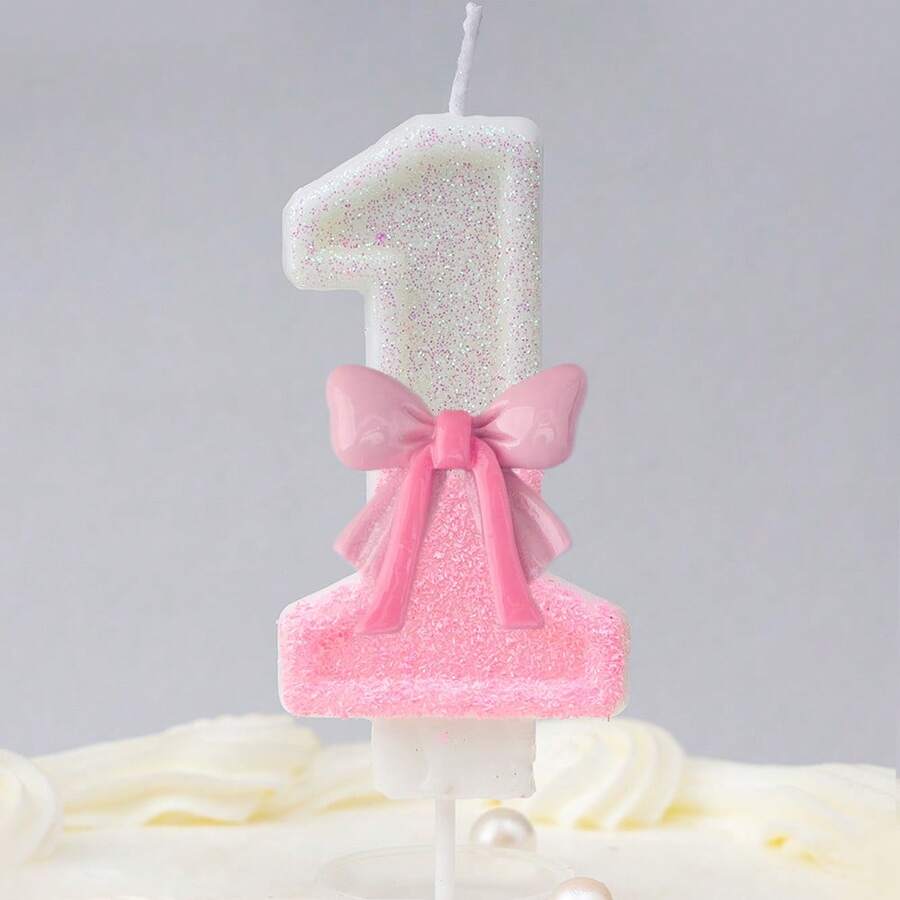 1 支生日数字蜡烛彩色粉色蝴蝶结生日蜡烛蛋糕闪光数字 1 蜡烛蛋糕装饰带亮片,适合女孩和女士周年纪念庆祝物品 - 彩色 - 查看 1