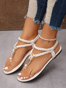 Women's Bohemian Elastic Band Solid Color PU Leather Beaded Criss-Cross Strap Flat Sandals, Suitable For Party, Beach, Outdoor In Summer - Beige - View 4