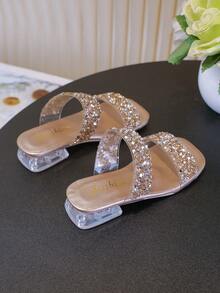 1 双女孩夏季时尚粗跟水钻闪光拖鞋坡跟凉鞋，时尚百搭