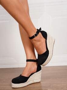 Zapatos de cuña de plataforma negra con suela de cuerda tejida minimalista y de estilo bohemio para mujer, con hebilla, para la playa, la boda y todo el año - Negro - Ver 7