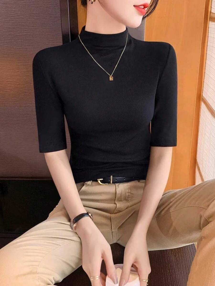WOMEN'S HIGH NECK KNITTED BLOUSE WITH SIMPLE HALF SLEEVE, RIB FABRIC S M L - 黑色 - 查看 1