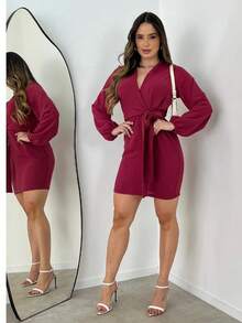 Short Dress With Bow And Elastex Sleeve LINED - Burgundy - View 2