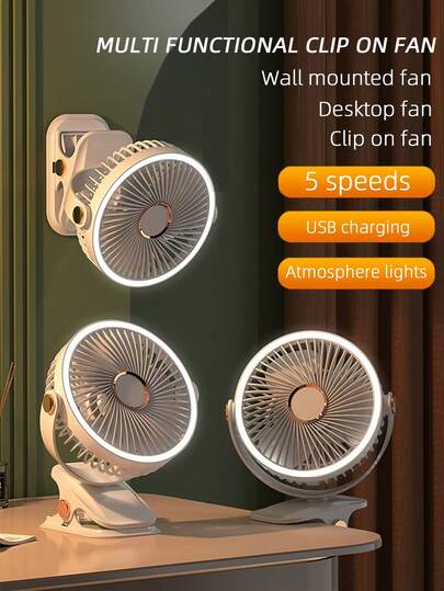 便携式夹式风扇可充电 720° 可调节带 LED 灯小型台扇，小型强力 5 速静音，USB 可充电迷你个人冷却风扇适用于办公桌、家庭办公室、婴儿车、露营、女士礼物