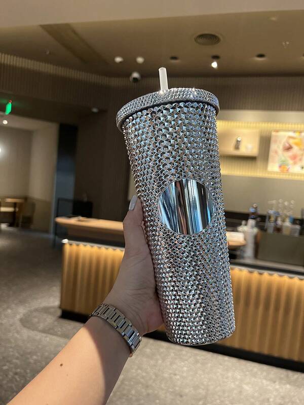 كأس بلاستيكي مطلي كهربائيا بتدرج لونى قابل للتبديل بقصبة شرب بتصميم أناناس